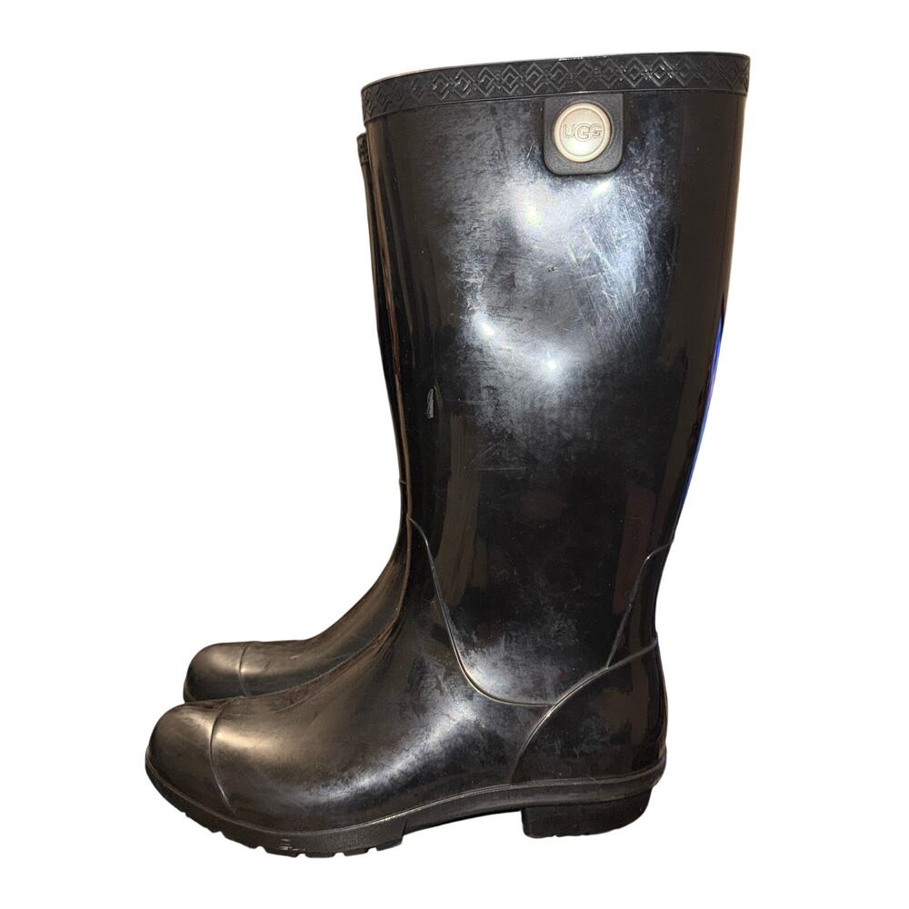 Ugg Shayne Rain Boots Women’s Size 7 Black Glossy Ribber Shearling Insole Tall